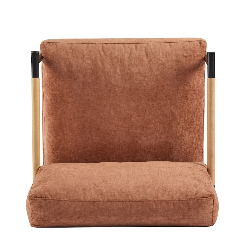 Modern Accent Chair with Plush Cushions, Minimalist Metal Frame, and Wooden Armrest Design