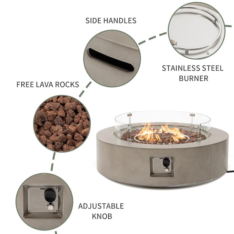 SUNBURY Round Outdoor Propane Fire Pit w Wind Guard and Tank Cover