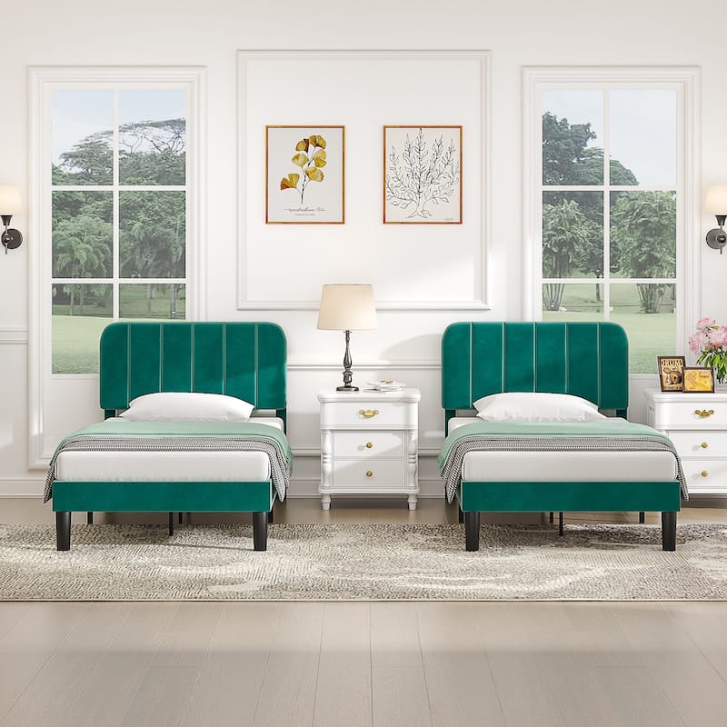 2 Pack Kids Bed Frame Height Adjustable Upholstered Headboard Bed Twin Size Bed Set of 2 - Set of 2 - Green