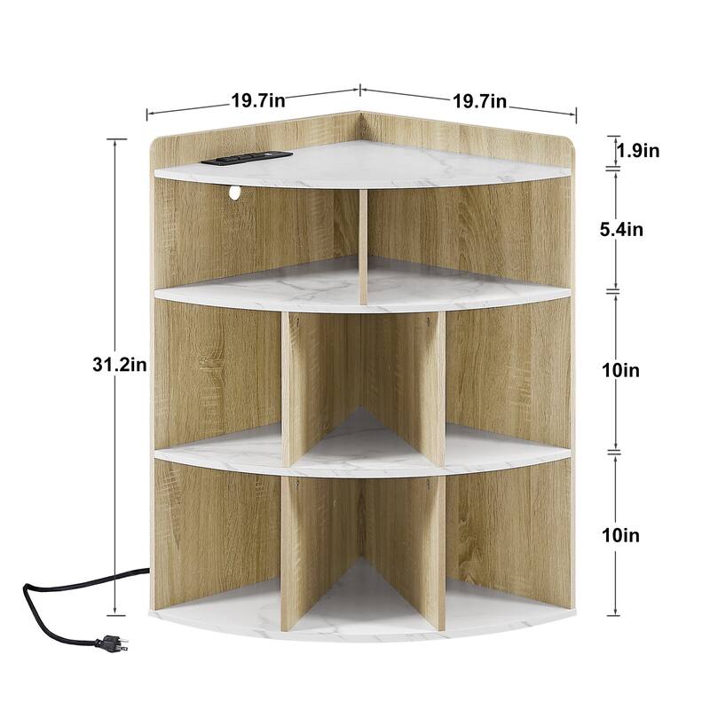 VECELO Corner Cabinet with Charging Station or No Charging Station 3-Tier Bookcase Storage Organizer Triangle Corner Bookcases