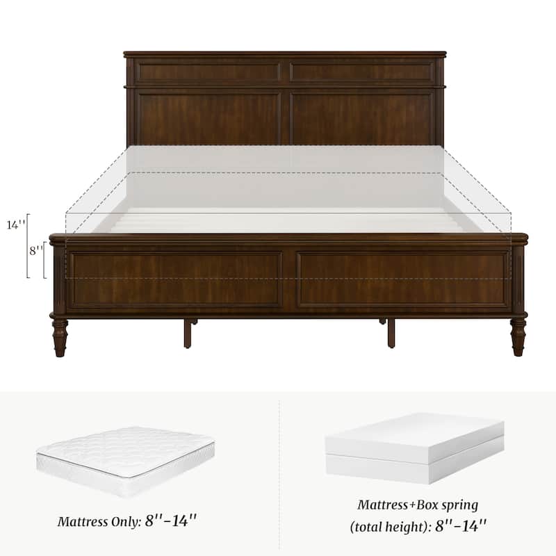 Queen/King Size Classic Wooden Bed Frame with Raised Panel Headboard and Footboard