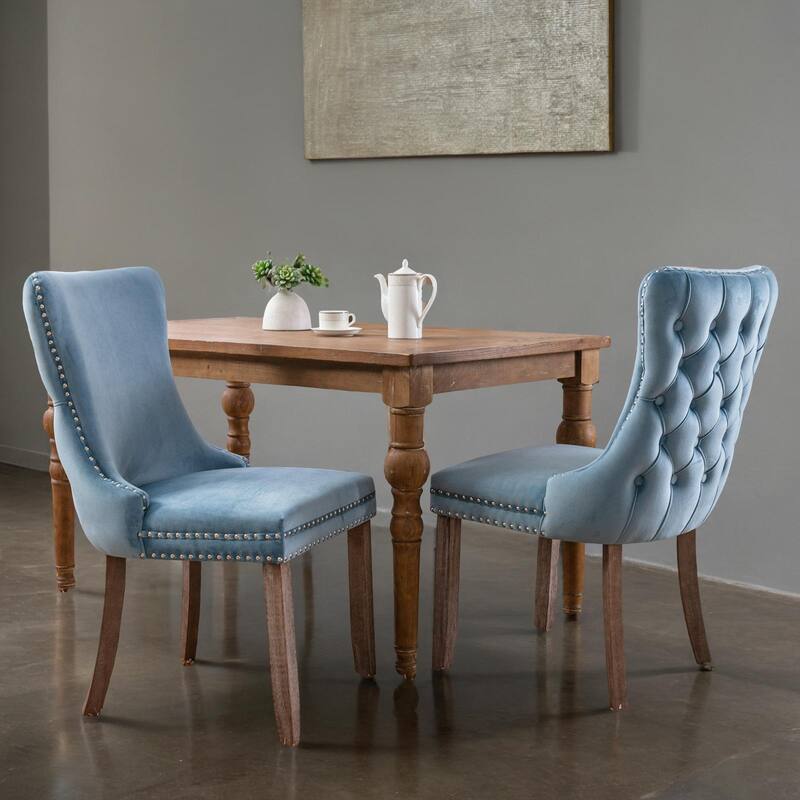 Upholstered Wing-Back Dining Chair with Backstitching Nailhead Trim and Solid Wood Legs,Set of 2