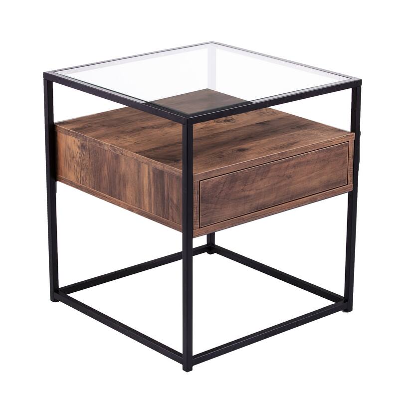 22" Black Glass And Iron Square End Table With Drawer With Shelf - 20x20x22