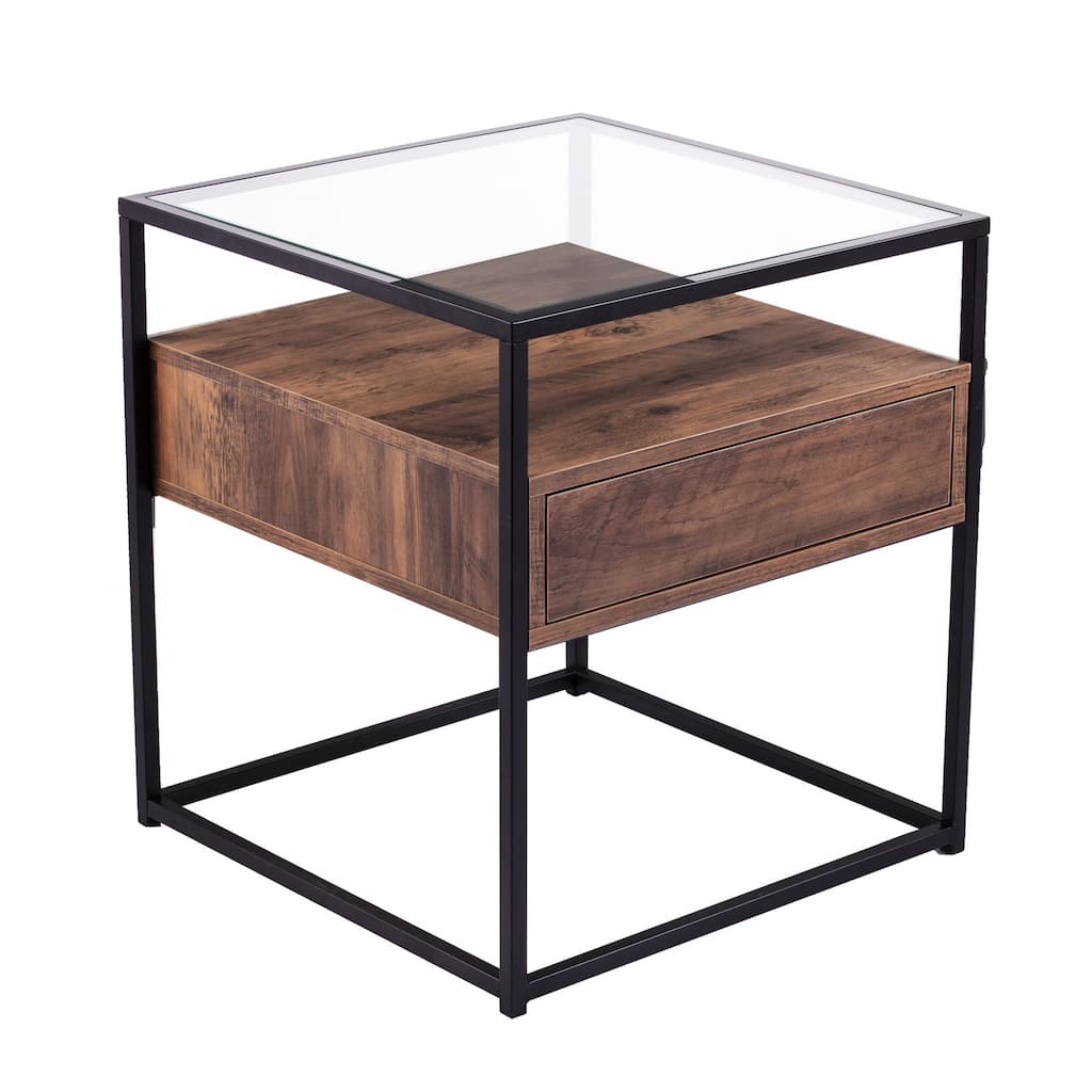 22" Black Glass And Iron Square End Table With Drawer With Shelf - 20x20x22