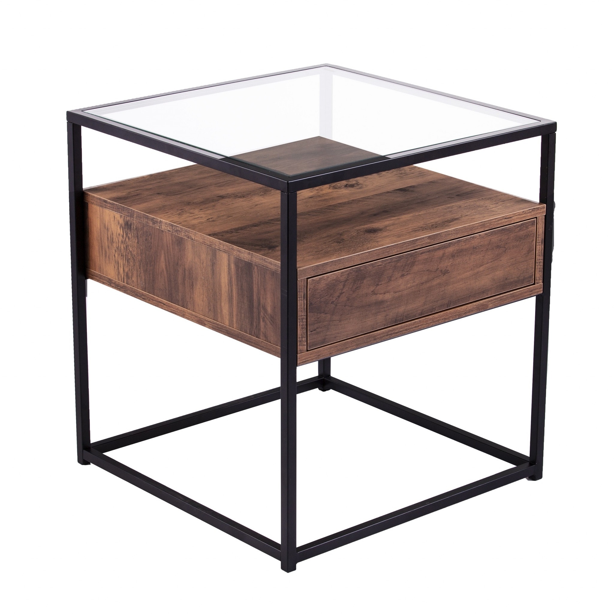 22" Black Glass And Iron Square End Table With Drawer With Shelf - 20x20x22