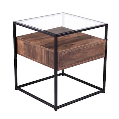 22" Black Glass And Iron Square End Table With Drawer With Shelf - Black and Brown