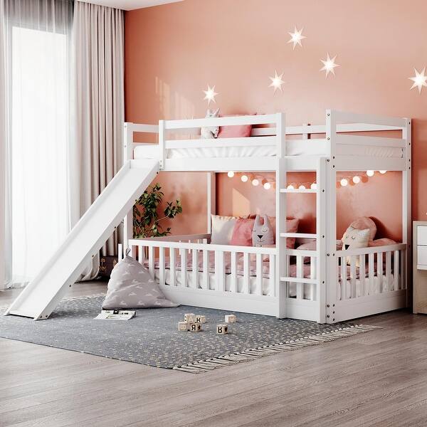 slide 2 of 49, Twin Over Twin Bunk Bed with Low Slide and Built-in Ladder, White White