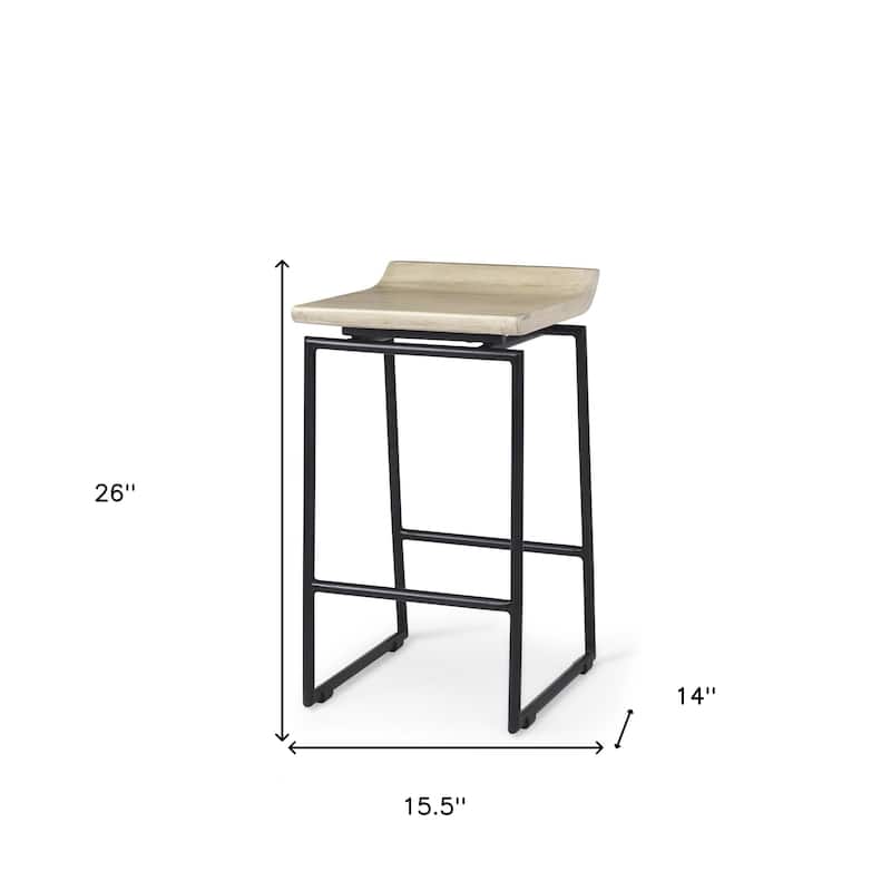 HomeRoots 25" Natural and Black Solid Wood and Metal Low Back Counter Height Bar Chair