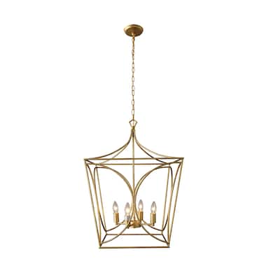 4 Light Caged Chandelier in Gold Finish - 29"H x 19"W x 19"D