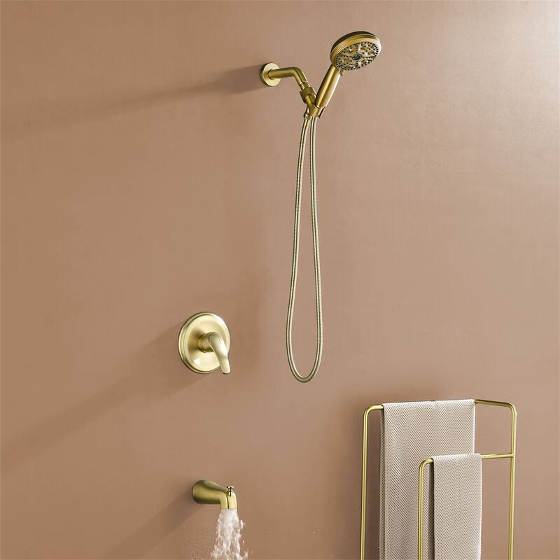 Wall Mounted Shower Faucet with Tub Spout, Complete Pressure Balance Brushed Gold Tub Shower System Wth Rough-in Valve