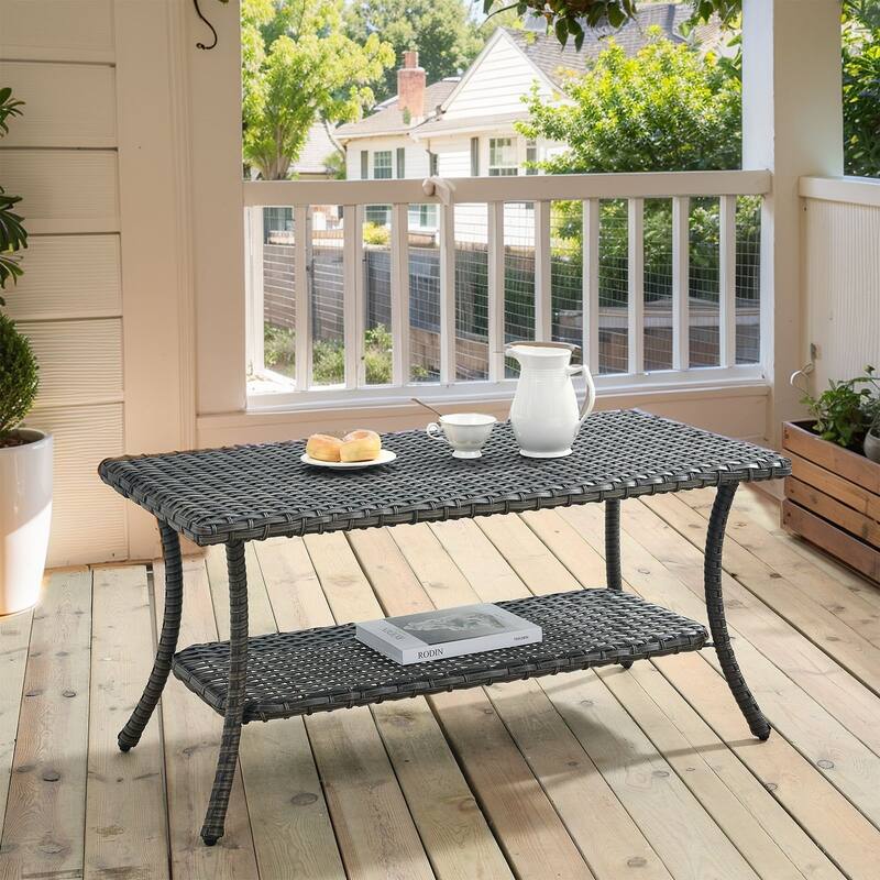 Meina Brown Wicker Rectangular Outdoor Coffee Table with Lower Wicker Storage Shelf