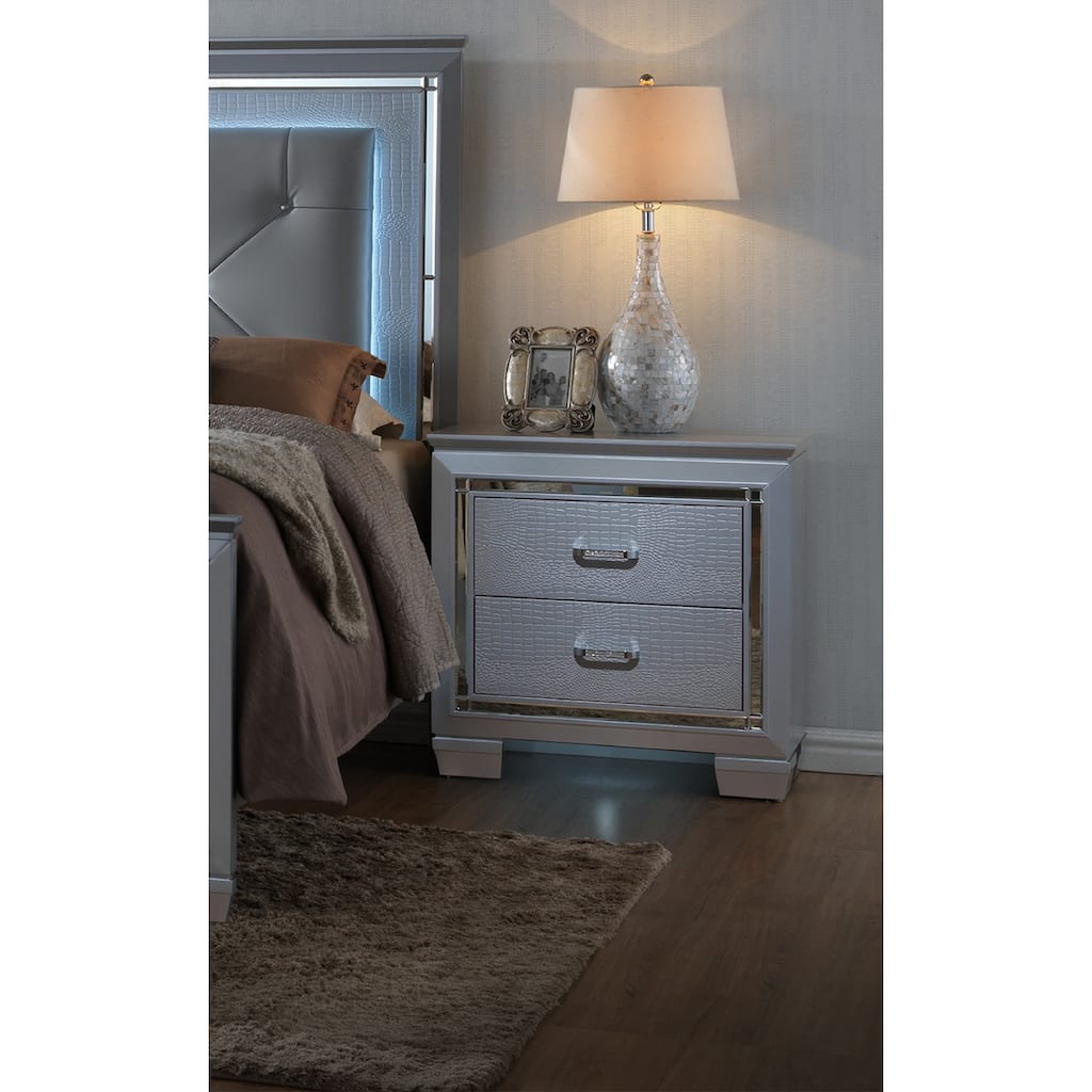 Modern Glam 1pc Solid Wood Nightstand w/ Built-in Light & Silver Crocodile Finish for Bedroom