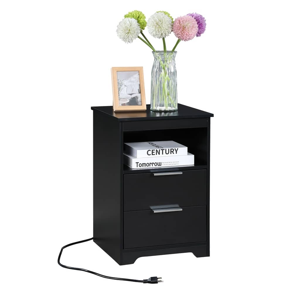 Nightstand with Charging Station,End Table with 2 Drawers,Wooden End Table with Drawer and Opening Shelf