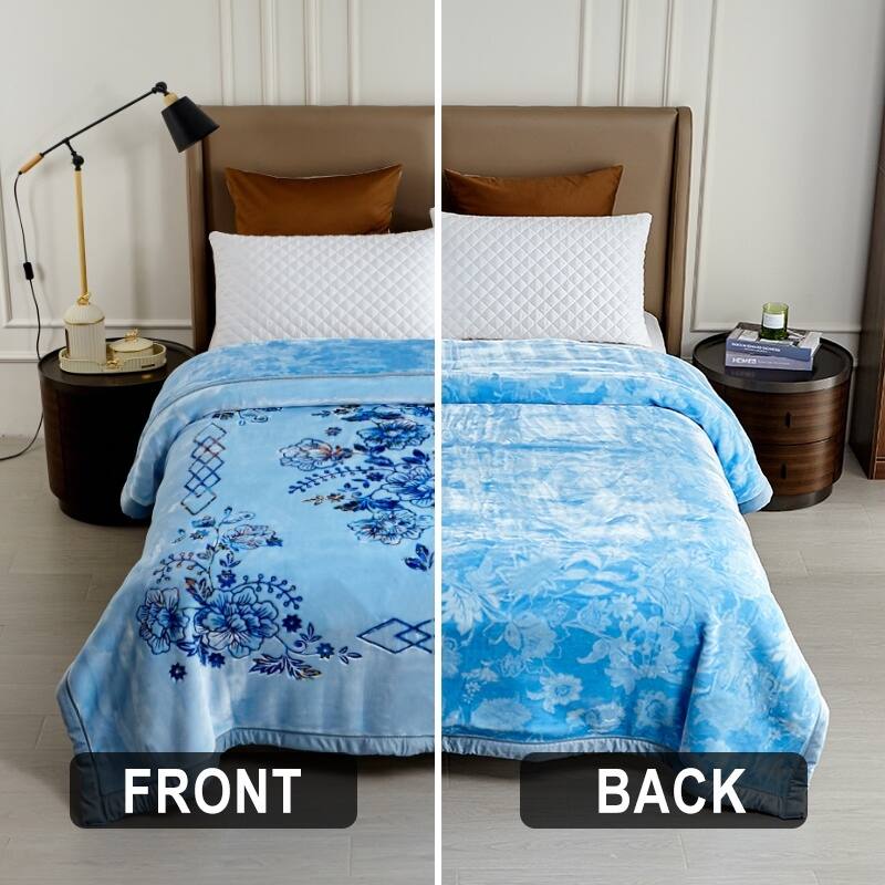 Luxury Heavy Thick Plush Blanket 2 Ply A&B Disign For Winter - King-85"x95" - Blue Flower