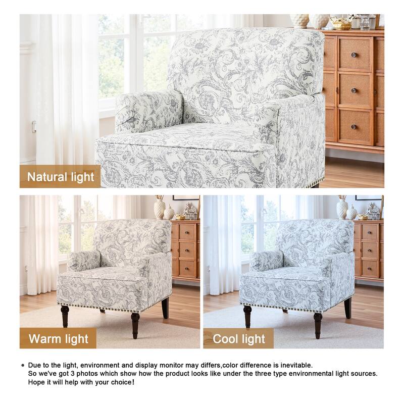 Striped Upholstered Linen Armchair with Brass Nailhead Trim