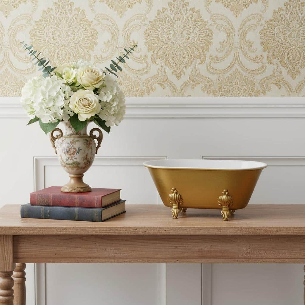 HomeRoots 12" Gold And White Metal Hand Painted Decorative Tub - 12.00 in. x 5.00 in. x 6.50 in.