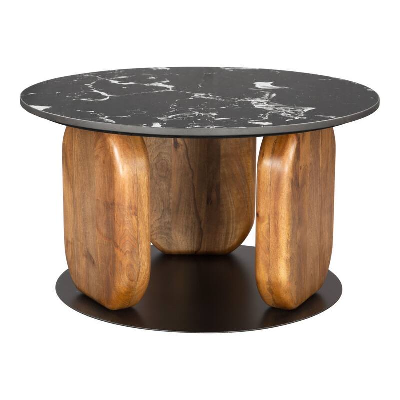 HomeRoots 30" Black and Brown Genuine Marble Marble and Solid Wood Round Coffee Table - 30.00 in. x 16.90 in. x 30.00 in.