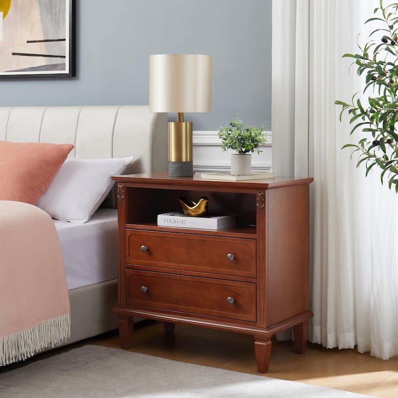 Open Space and 2 Drawers Dresser Nightstand with Charging Station, Farmhouse End Table with USB Ports and Outlets for Bedroom
