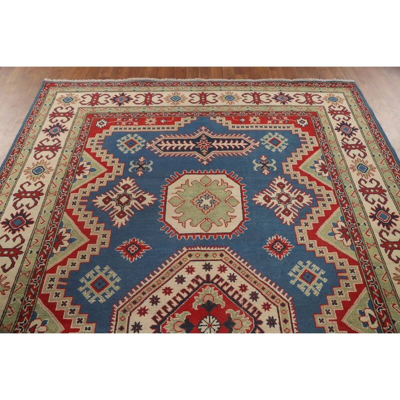 Blue Geometric Kazak Oriental Rug Handmade Traditional Wool Carpet - 6'8" x 10'1"