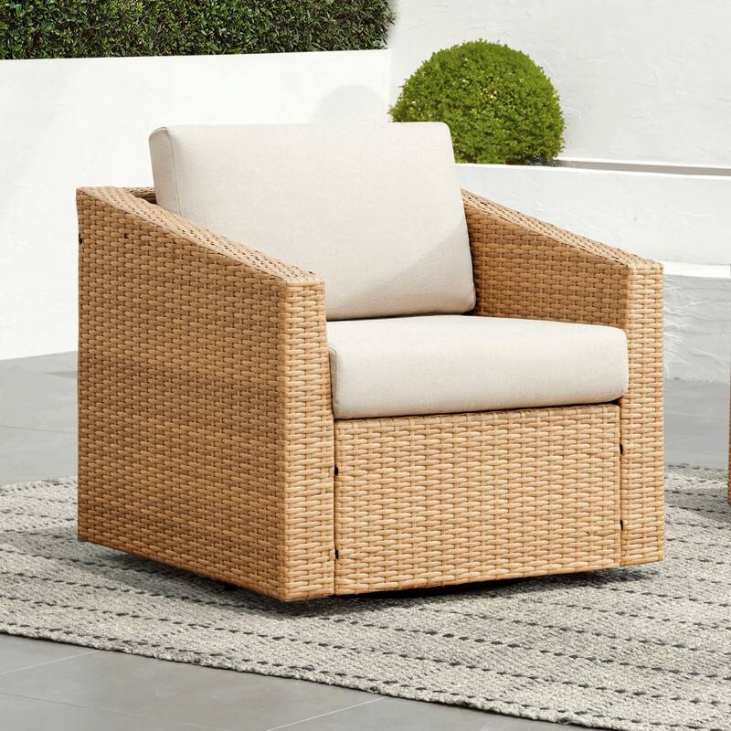 Oakley Outdoor Wicker Patio Furniture Swivel Chair - 2 Chair - Light Brown Wicker-Cream