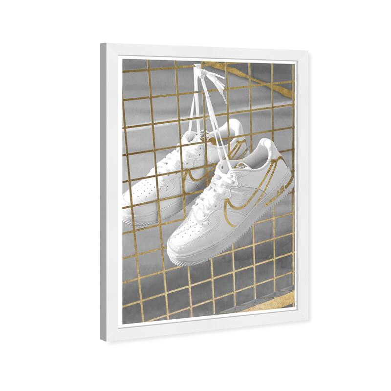 Wynwood Studio Canvas Fashion and Glam Golden Fence Sneakers White and Metallic Gold Modern & Contemporary Wall Art Canvas Print