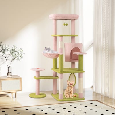 Pink Green 58 Inch Tall Flower Cat Tree with Hammock and Scratching Posts