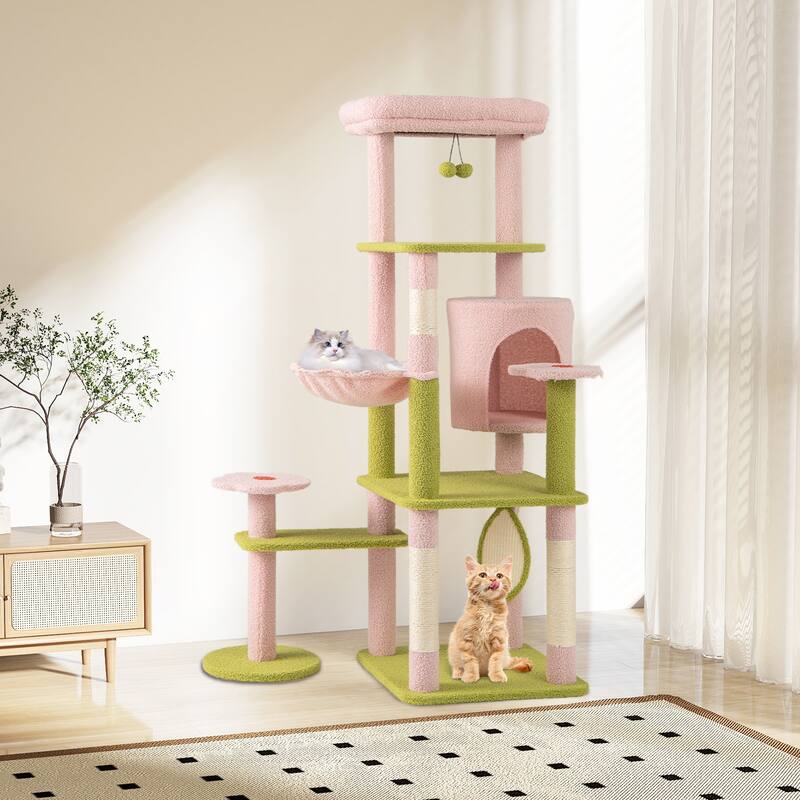 Pink Green 58 Inch Tall Flower Cat Tree with Hammock and Scratching Posts