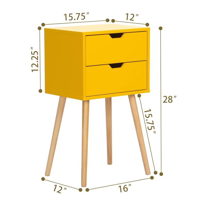Mid Century Wood Nightstand with 2 Drawers and Pinewood Leg (Set of 2)