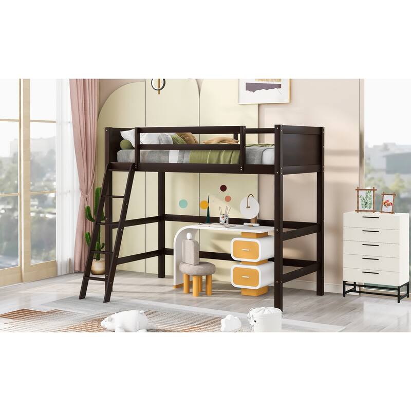 Twin Size Solid Wood Loft Bed with Ladder in Espresso Finish