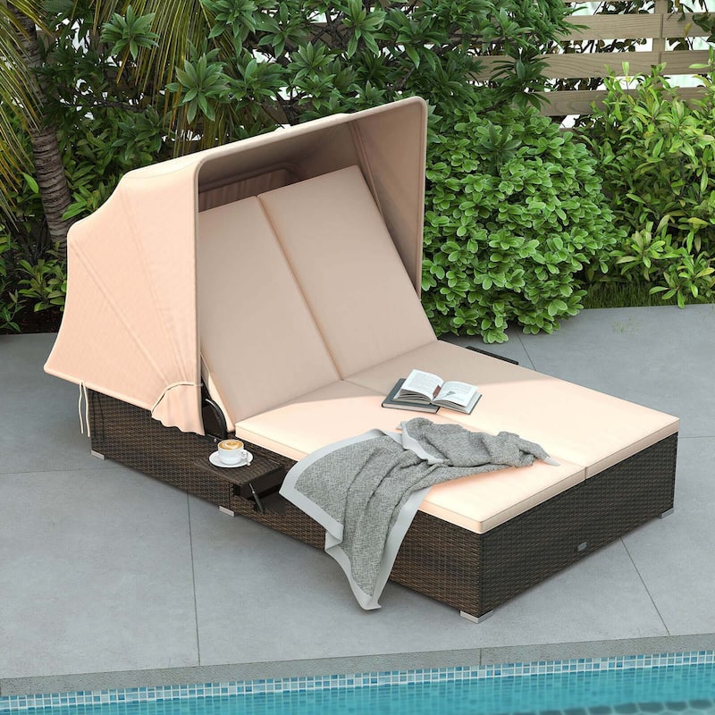 Costway 2-person Rattan Lounge Bed with Retractable Canopy 5-position - See Details