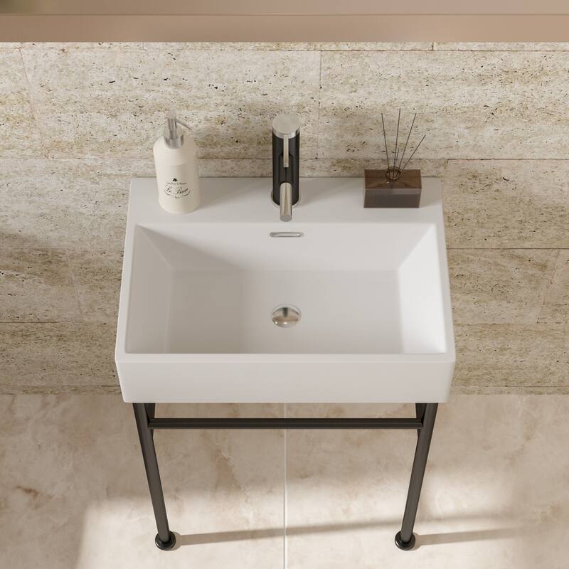 24" Console Sink for Bathroom with Overflow, White Ceramic Basin, Black Metal Legs, Includes Drain Kit
