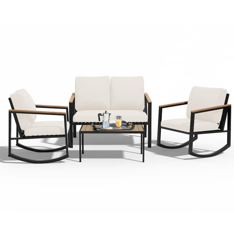 4-Piece Patio Conversation Set with Cushions Rocking Chairs - Off White