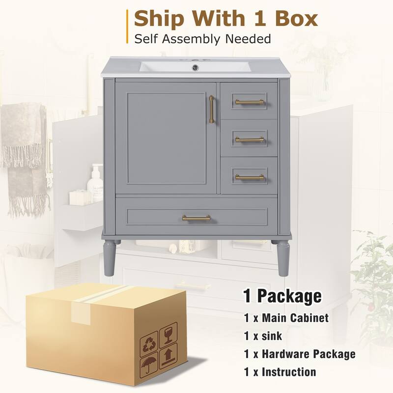 30" Bathroom Vanity with Ceramic Sink Storage Cabinet with Built-in Shelf and 3 Drawer