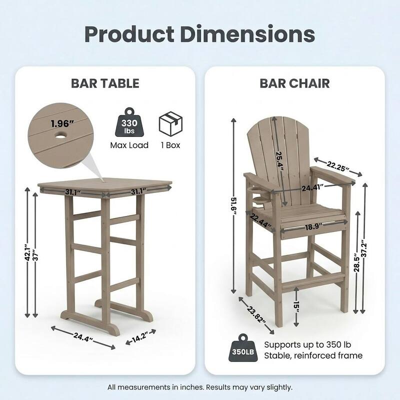 3-Piece HDPE Bar-Height Patio Set, 42.1" Square High Top Pub Table with Umbrella Hole + 2 Bar Stools with Cup Holders