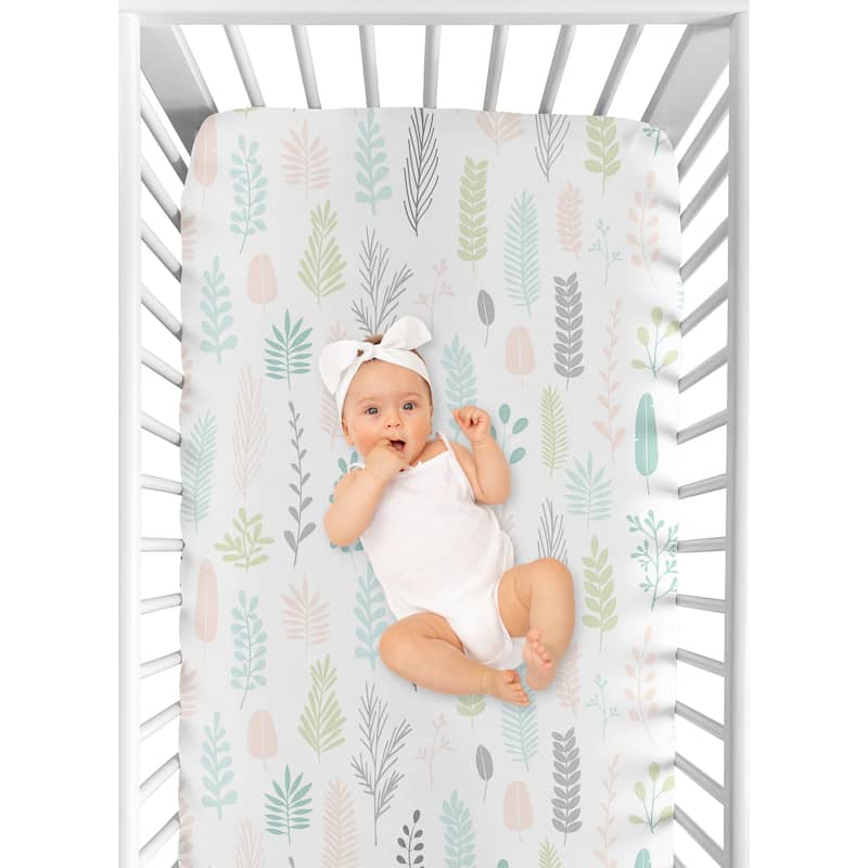 Sweet Jojo Designs Pink Grey Tropical Leaf Girl Fitted Crib Sheet - Blush Turquoise Gray Green Botanical Rainforest Jungle Sloth