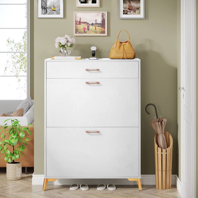 Freestanding Shoe Cabinet for Entryway, with 2 Flip Doors and Drawer - 32'W x 10''D x 43''H - White
