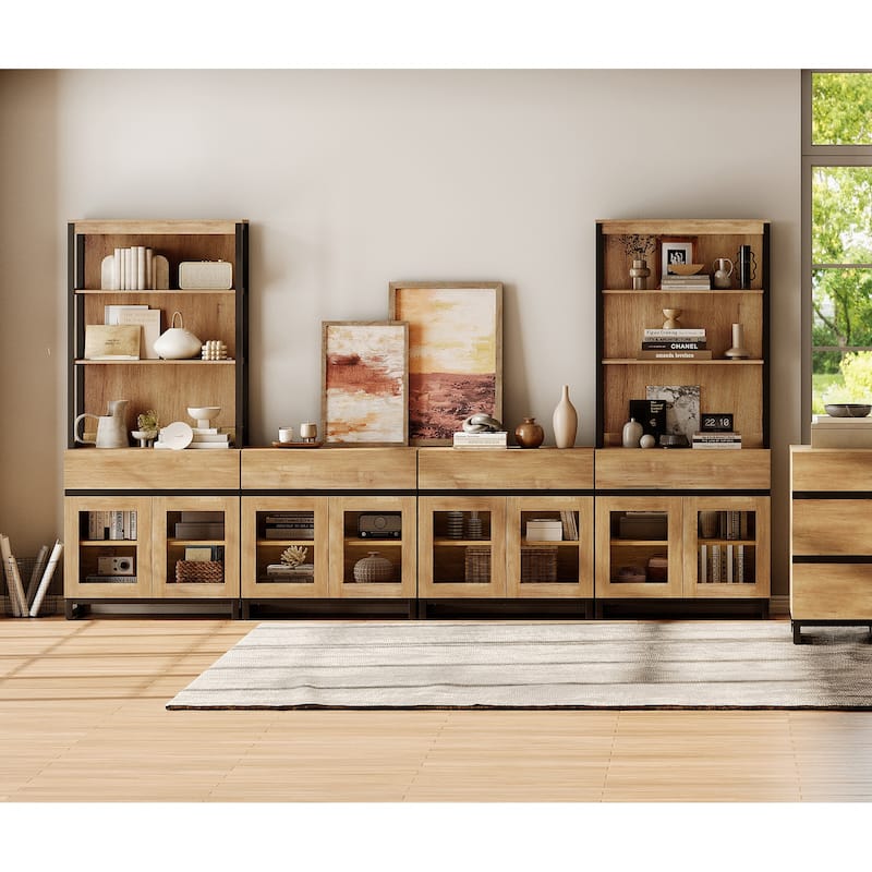 Modern 72" Tall Bookcase with 4 Drawers and Open Book Shelfs,Wood Freestanding Bookshelves for Living room, - Oak - 126 inches