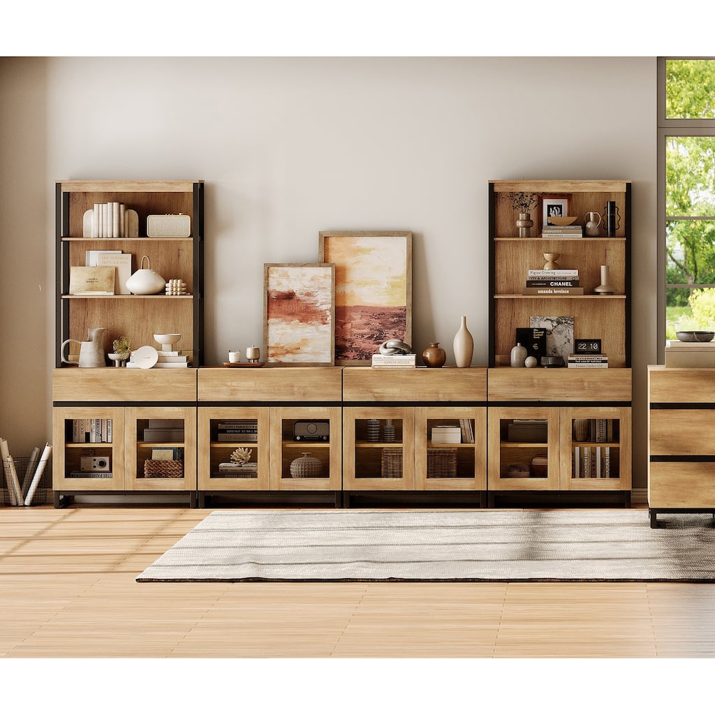 Modern 72" Tall Bookcase with 4 Drawers and Open Book Shelfs,Wood Freestanding Bookshelves for Living room,