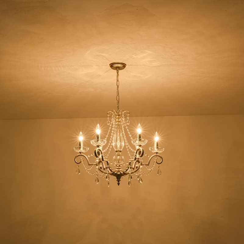 25.2" W Modern Luxury Crystal Beaded 6-Light Chandelier with Vintage Silver Finish and Candle Arms
