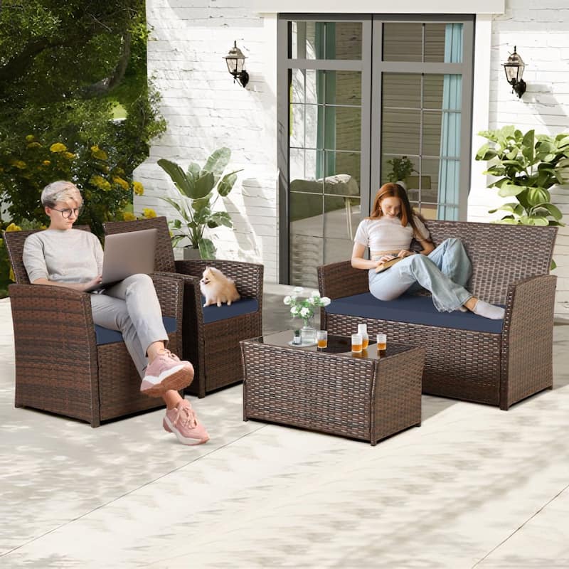 4-Piece Wicker Outdoor Sofa Set, 1 Loveseats, 2 Single Sofas, 1 Table