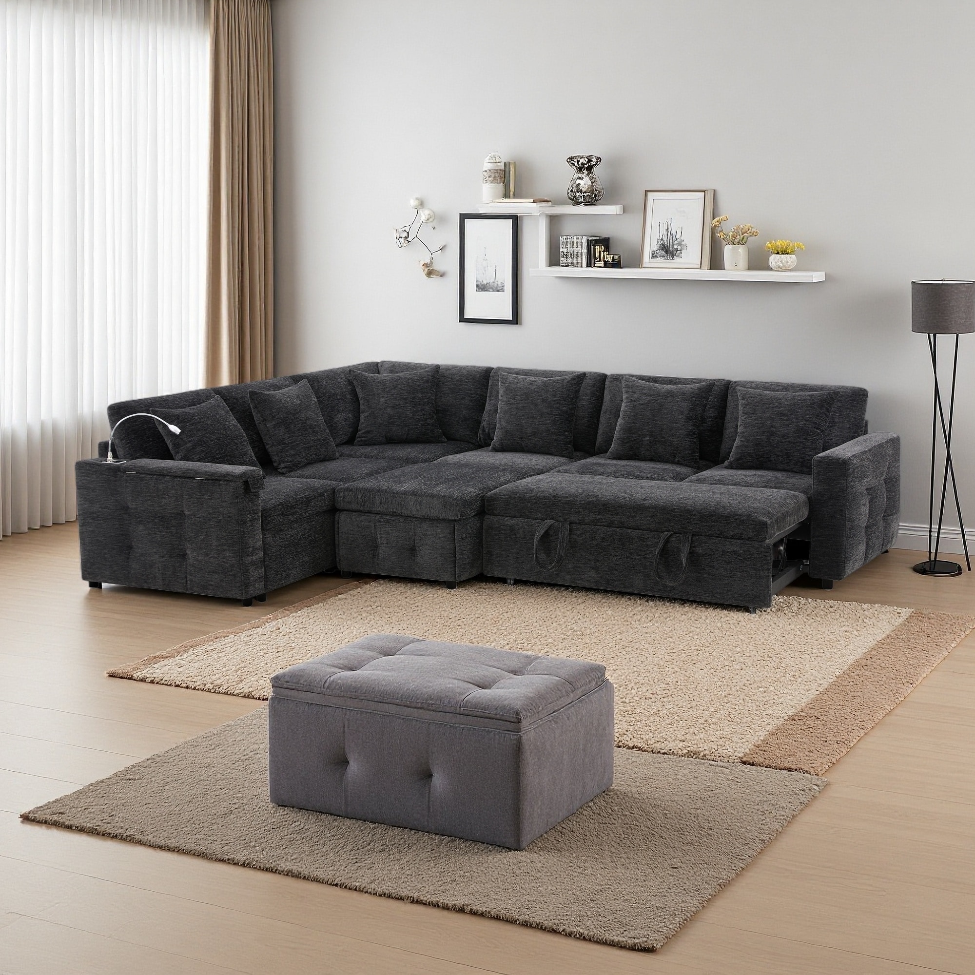 117" Chenille Modular Sectional Sofa Bed with Flip-Up Table & Lamp