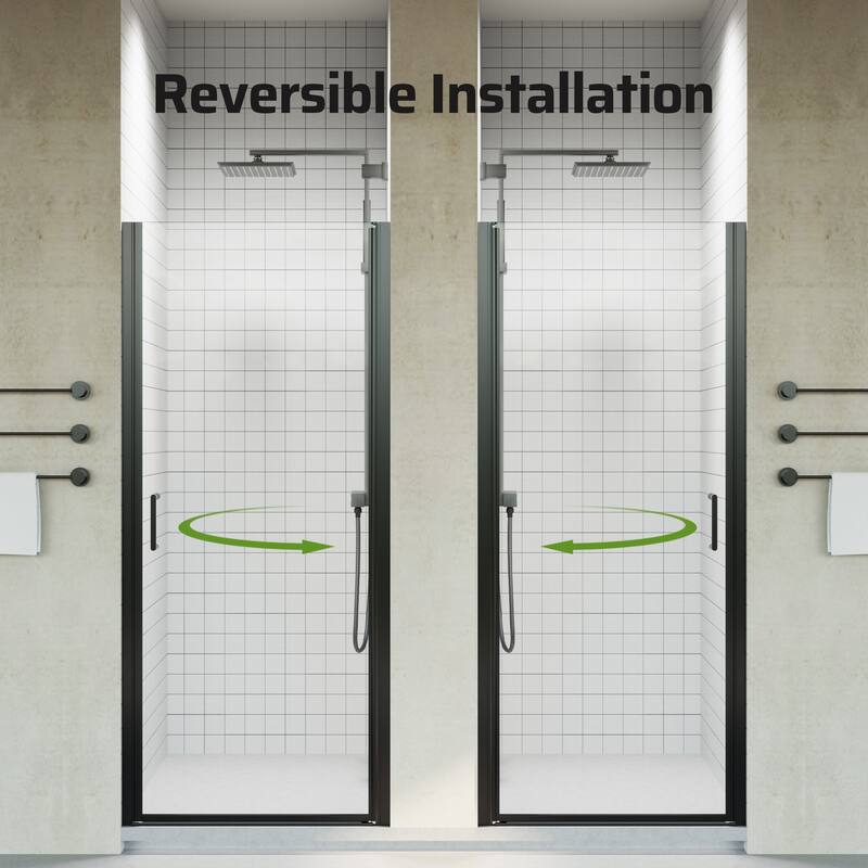 30/32/34" W x 72" H Semi-Frameless Pivot Shower Door, 6mm Tempered Glass, Matte Black Reversible Swing Panel