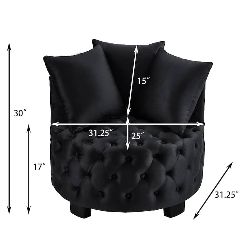 Velvet Upholstered Accent Chair, Button Tufted Round Club Chair, Lounge Reading Chair with 3 Pillows & Curved Back