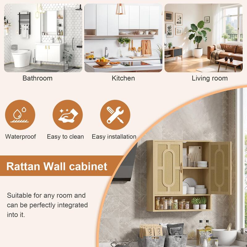 VECELO Oak Finish Wall Mounted Bathroom Cabinet Double Door Woven Rattan Medicine Cabinet with Adjustable Shelves & Open Storage