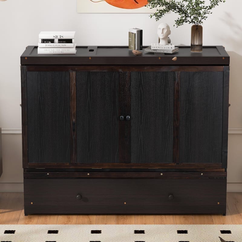 Queen Size Murphy Bed with USB Port, Large Drawer, and Space-Saving Design - Espresso