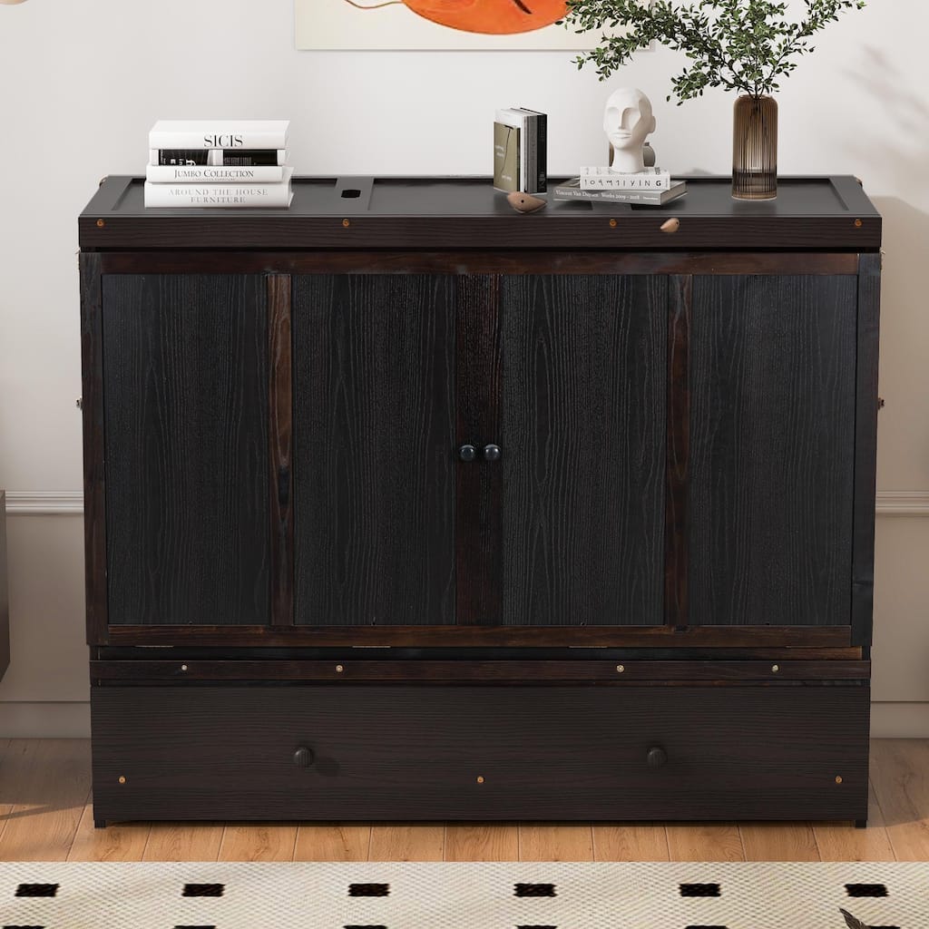 Queen Size Murphy Bed with USB Port, Large Drawer, and Space-Saving Design