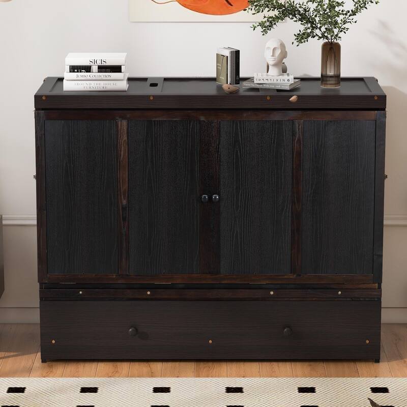 Queen Size Murphy Bed with USB Port and Large Drawer, Space-Saving Design, No Box Spring Needed, Espresso Finish - Espresso - Queen