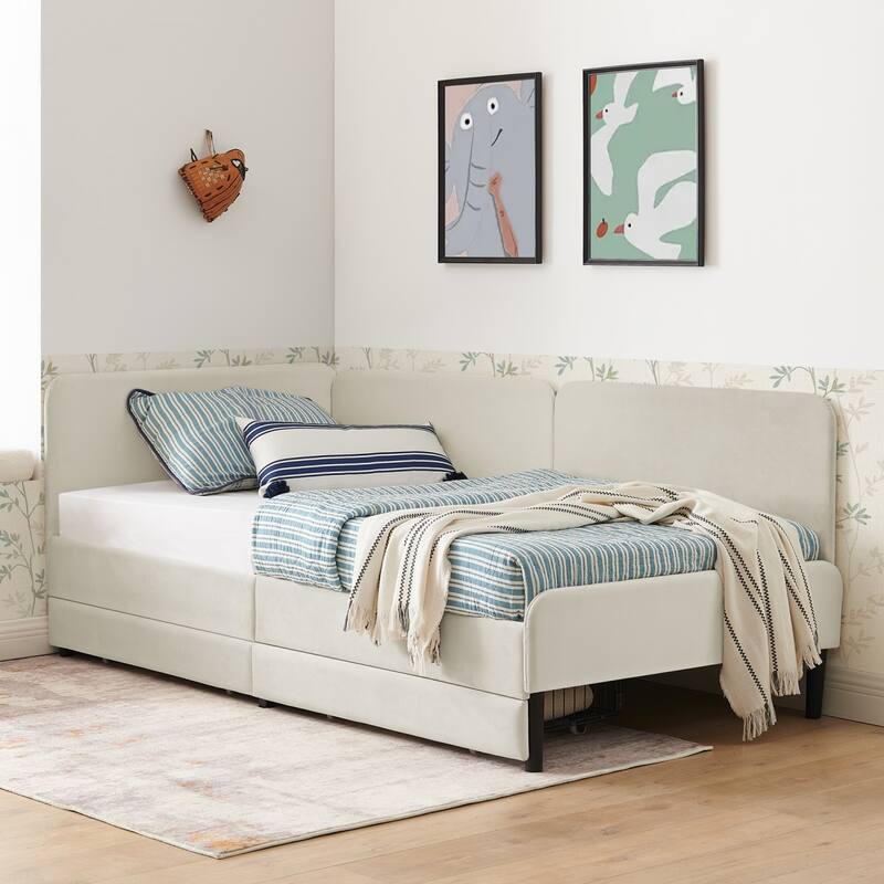Velvet Upholstered Platform Bed Frame with 2 Storage Drawers