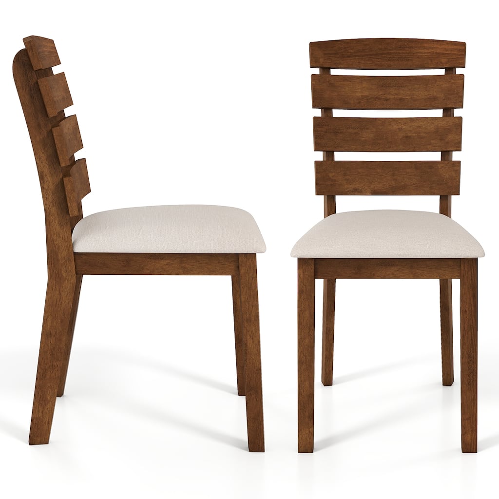 Natural and Beige Rubber Wood Dining Chair Set of 2 with Slatted Backrest and Sponge Cushion - 22.5” x 17.5” x 35.5”