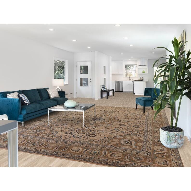 Hand Knotted Oriental 100% Wool Carpet Traditional Floral Peach Mashad Area Rug - 12' 7'' X 9' 9''